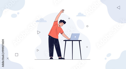 Man Stretching with Laptop on Desk, Healthy Remote Work Concept
