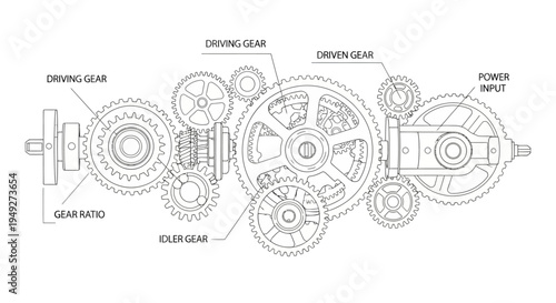 Mechanical gear system with labeled components for educational purposes