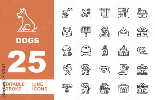 Essential Dog Care & Pet Service Icons. Editable stroke vector icons for canine lifestyle. Featuring dog strollers, pet carriers, grooming brushes, veterinary clinic buildings, dog houses, and pet 