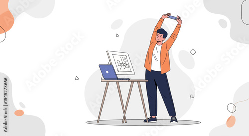 Man stretching at desk with laptop and monitor, work break, healthy lifestyle