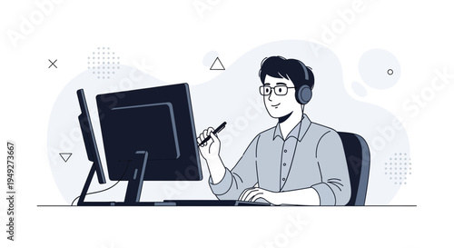 Graphic designer working on computer with stylus and headphones, digital art creation