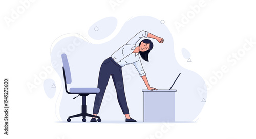 Woman stretching at office desk with laptop and chair, healthy work lifestyle concept