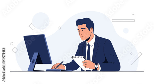 Businessman working on computer and taking notes, modern office illustration