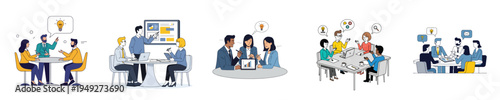 Business strategy discussion, small corporate team gathered around a table, minimalist flat vector art