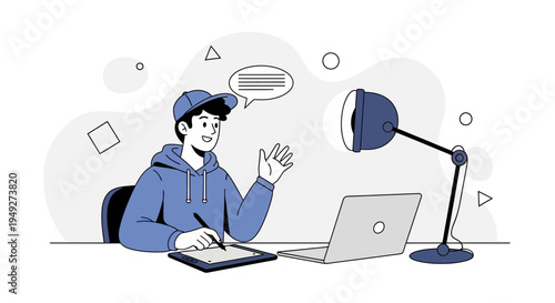 Young man in hoodie and cap creating digital art on tablet, waving hello
