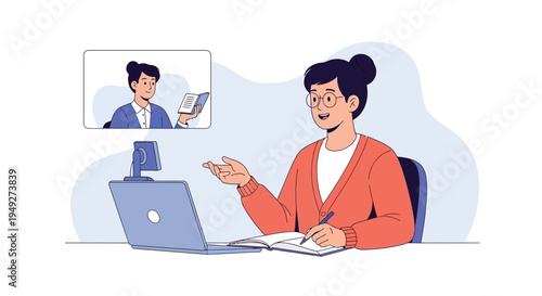 Online learning: student attending virtual class with teacher on laptop screen