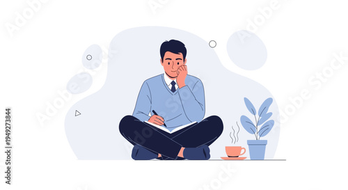 Man Sitting Cross-legged Writing in Notebook, Coffee and Plant Nearby