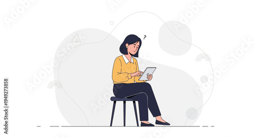Confused Woman Sitting and Using Tablet with Question Mark Above Head