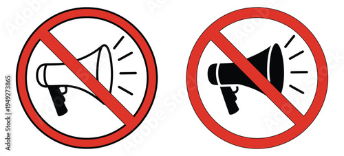 No Loudspeaker Prohibition Sign Icon Set, crossed megaphone symbols in red and black circular warning style, vector illustration for noise control, public spaces, and safety design.