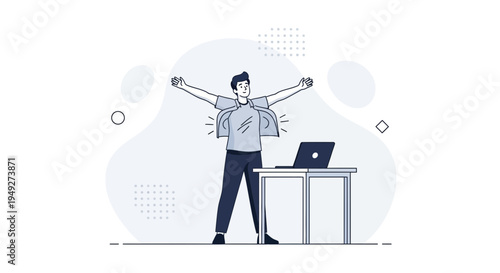 Man stretching arms at desk with laptop, remote work, healthy lifestyle concept