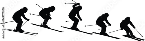 Set of five black skiing silhouettes, winter sports action poses, downhill skier jumping, cross country sequence, isolated on white background, vector