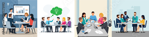 Business strategy discussion, small corporate team gathered around a table, minimalist flat vector art