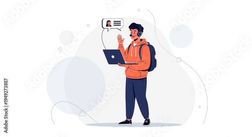 Young man with headphones and laptop, online communication, video call, remote work