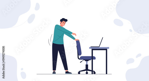 Man doing office chair stretch at desk with laptop, promoting healthy work habits