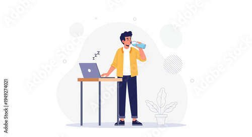 Tired man drinking water at desk with laptop, feeling sleepy, modern illustration