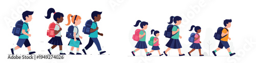 School morning scene with children walking while carrying backpacks, flat vector illustration, simple shapes