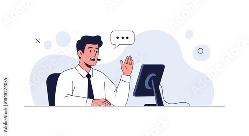 Customer service agent with headset waving hello on video call, working from home