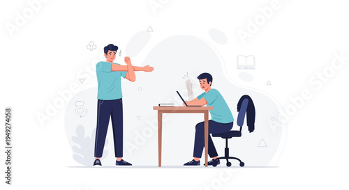 Man stretching at desk while colleague works on laptop, office break, healthy lifestyle