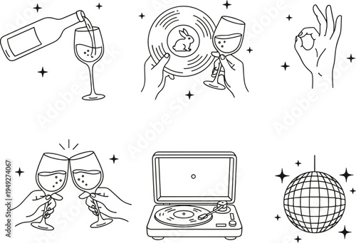 Black and white vector illustration of wine glasses, bottle, vinyl record, turntable, disco ball, party celebration and nightlife icons.
