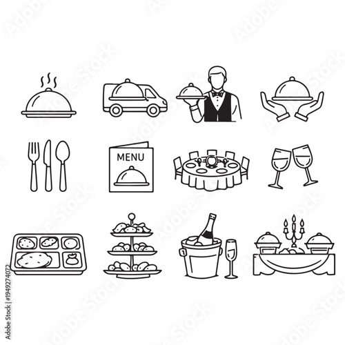 Catering icon set vector. Catering service, food, delivery of ready meals, guest service, menu for event, banquet vector