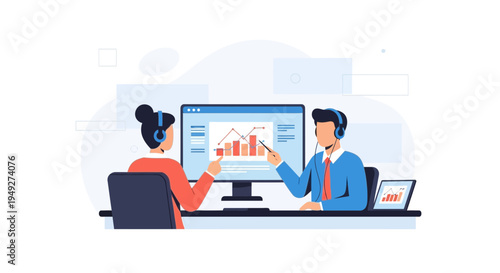 Business meeting: analyzing financial charts on computer screen, teamwork