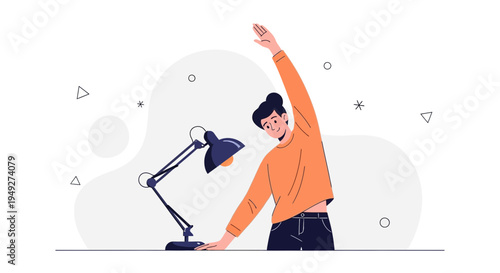 Person stretching at desk with lamp, healthy work break, office wellness
