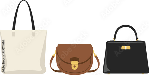 Black and white vector illustration of tote bag, satchel, and handbag showcasing fashion accessories, stylish design, elegance, and functionality.