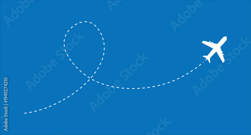 Airplane route with dotted flight path forming a loop turn. Flying aircraft silhouette with curved dashed travel line showing journey direction and navigation route. Aviation trip trajectory concept