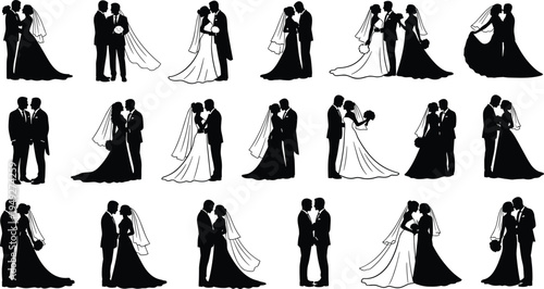 Wedding couple silhouettes collection, bride and groom romantic poses, marriage ceremony figures, husband wife set, vector isolated on white background.