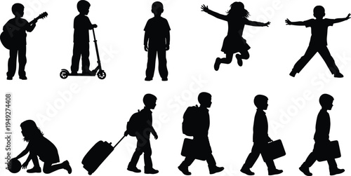 Set of school children silhouettes featuring kids with backpacks, playing guitar, riding scooter, jumping, walking with suitcases, and playing ball