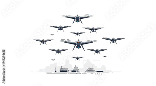 Formation of Drones Over Futuristic Cityscape in Black and White.