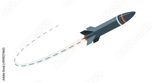 Isometric Rocket Launching with Smoke Trail on White Background.