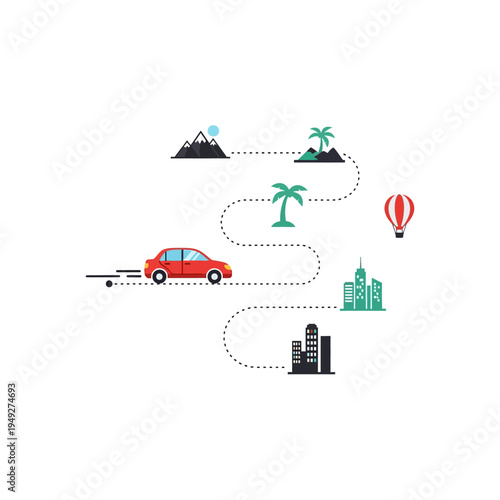 Red car traveling on a dotted path with various travel destinations.