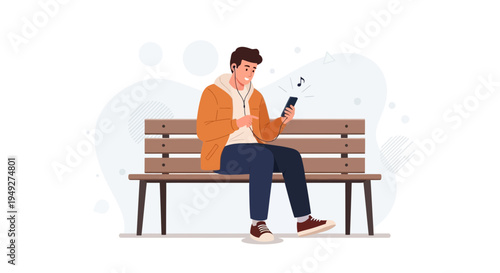 Young man listening to music on phone while sitting on park bench