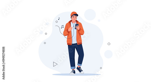 Young Man Listening to Music on Phone with Earphones, Animated Style