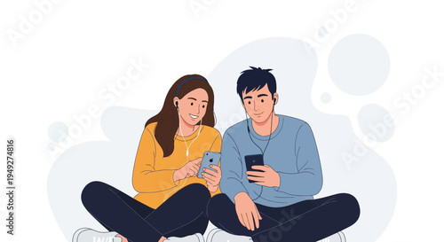 Young Couple Listening to Music on Smartphones Together, Relaxing