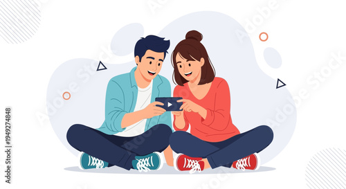 Young Couple Watching Video on Smartphone Together, Sitting Cross-legged