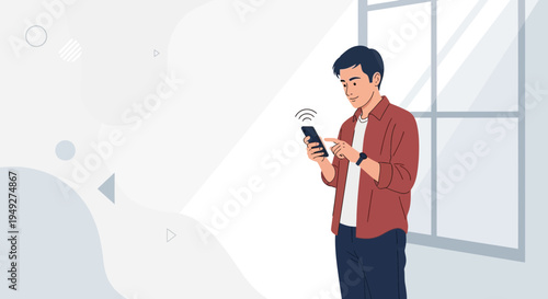 Young Man Browsing Smartphone with Wi-Fi Signal, Modern Abstract Background