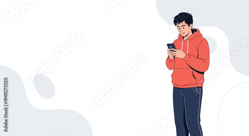 Young Man in Hoodie Using Smartphone, Modern Minimalist Design