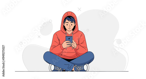 Young man in hoodie using smartphone, sitting cross-legged, modern flat illustration