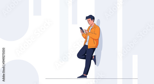 Young man in orange jacket using smartphone, leaning against wall, modern abstract background