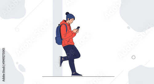 Young man in red hoodie and backpack using smartphone, leaning against wall
