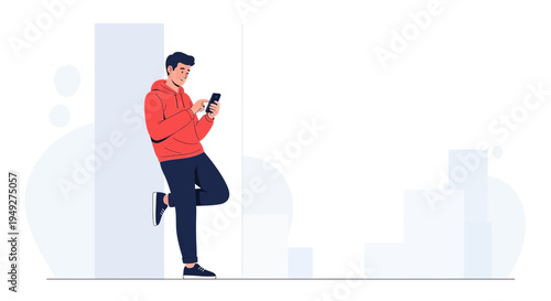 Young Man in Red Hoodie Leaning on Wall Using Smartphone, Modern Flat Illustration