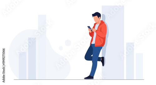 Young man in red jacket using smartphone, leaning against wall with abstract background