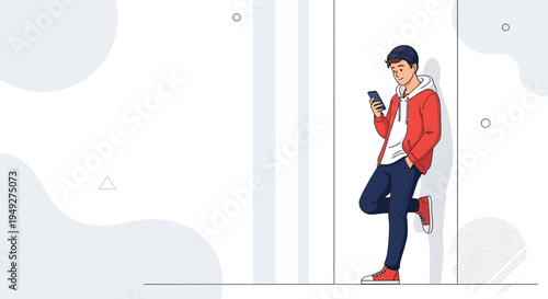 Young man in red jacket using smartphone, leaning against wall, modern abstract background