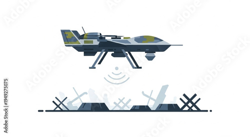 Military Drone Surveillance Over Barricades and Defense Structures.