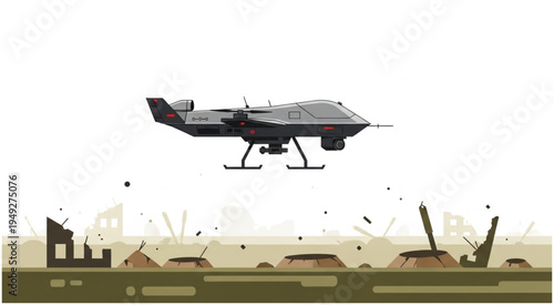 Military Drone Over War-Torn Landscape Illustration.
