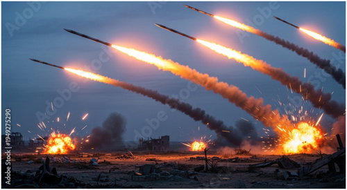 Multiple Rocket Launchers Firing Missiles at Night with Explosions.