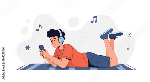 Young man listening to music on headphones with smartphone, lying on rug