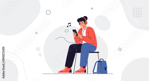 Young man listening to music on headphones with smartphone, modern flat illustration